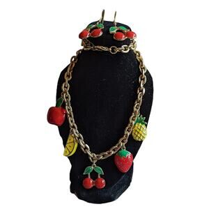 NWOT Oblong Box Gold Tone Enamel Fruit Necklace & Dangle Cherries Earring Set